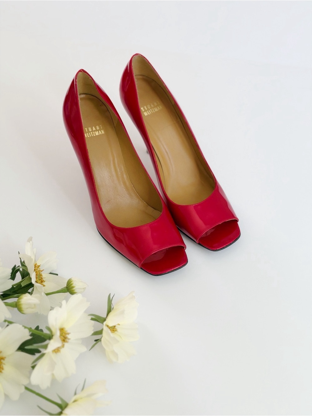 Stuart Weitzman Red Patent Peep-Toe Pumps
